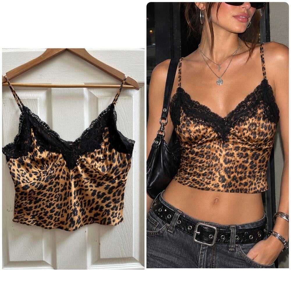 Rumored New Leopard Print Black Lace Trim Crop Camisole Top Medium Indie Sleaze